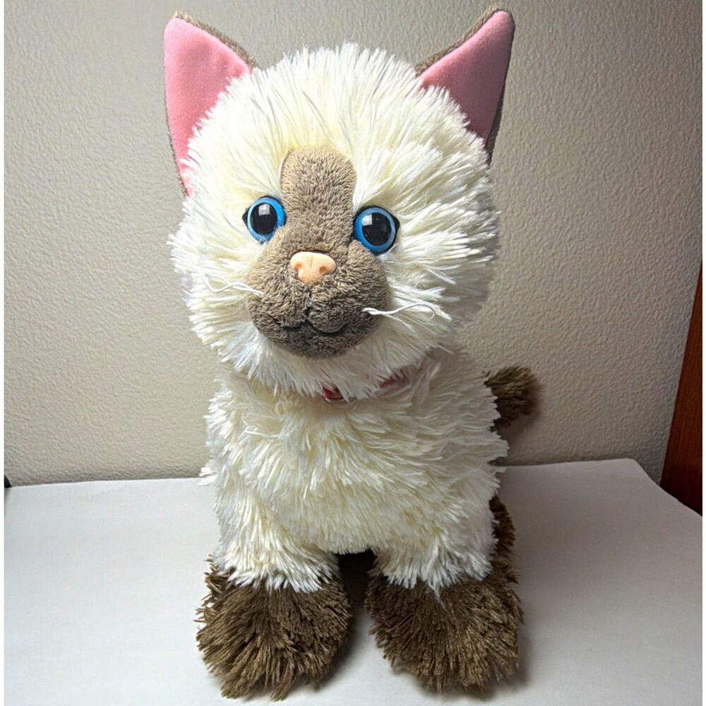 Build-A-Bear Workshop Cat Plush Stuffed Animal White Brown Blue Eyes, NO sound